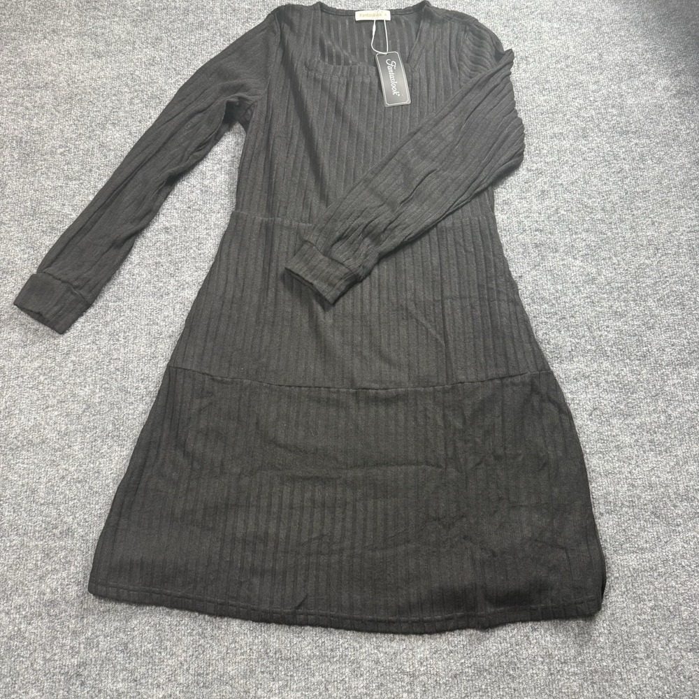 Fantaslook Women's Ribbed Long Sleeve Dress Black Square Neck Tiered Midi NWT M
